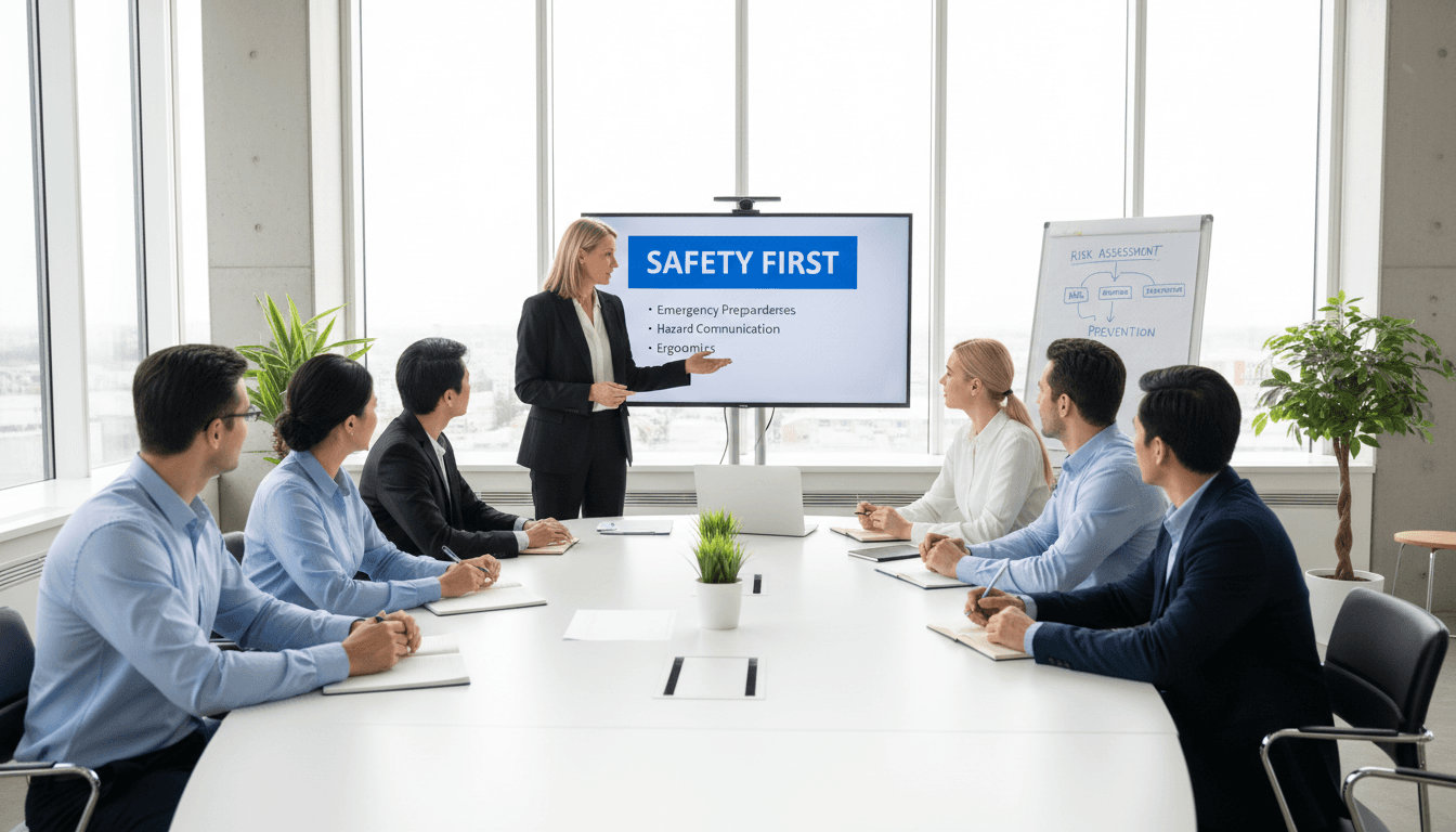 Health and safety consultant leading a workplace safety training session with employees in a modern office