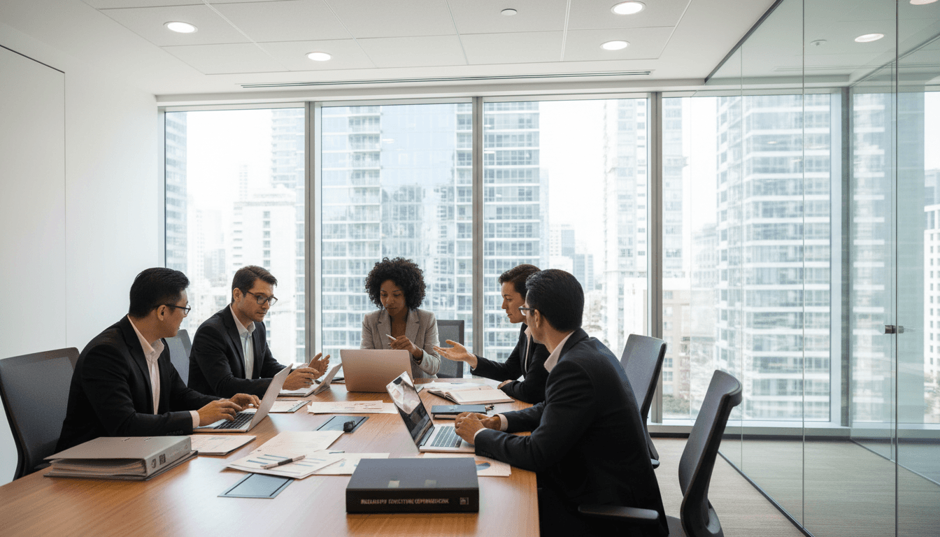 Health and safety consultant discussing workplace compliance with business client